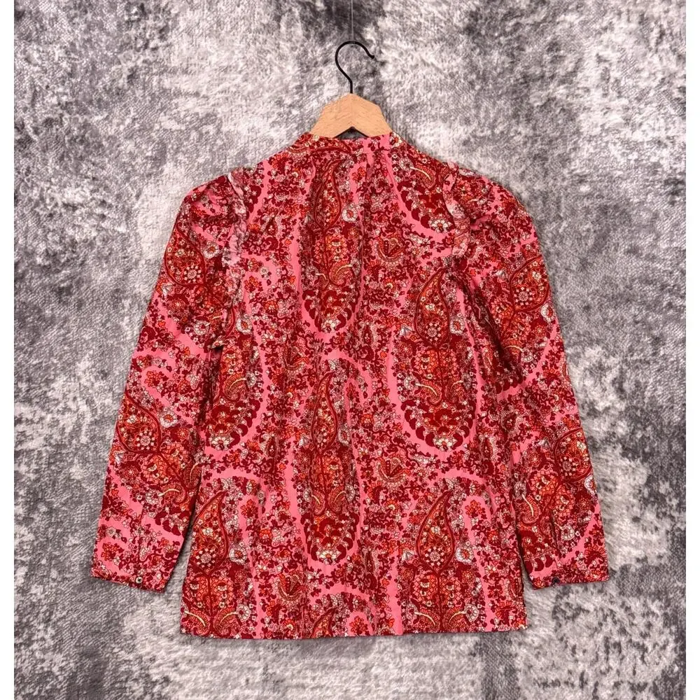 New J Crew Top XS Womens Puff Sleeve Paisley Cotton Pink Floral Blouse